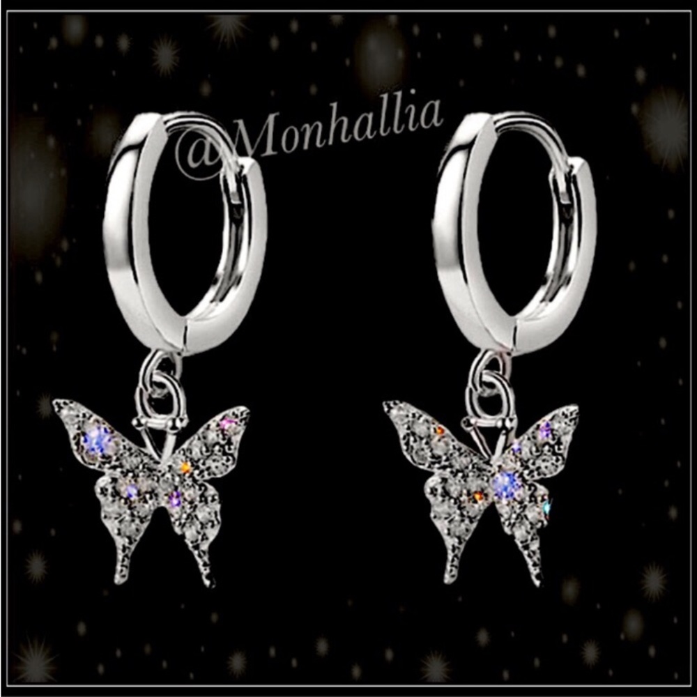 NEW 925 SILVER MINIMALIST SIMULATED DIAMOND BUTTERFLY CHARM HOOP EARRINGS